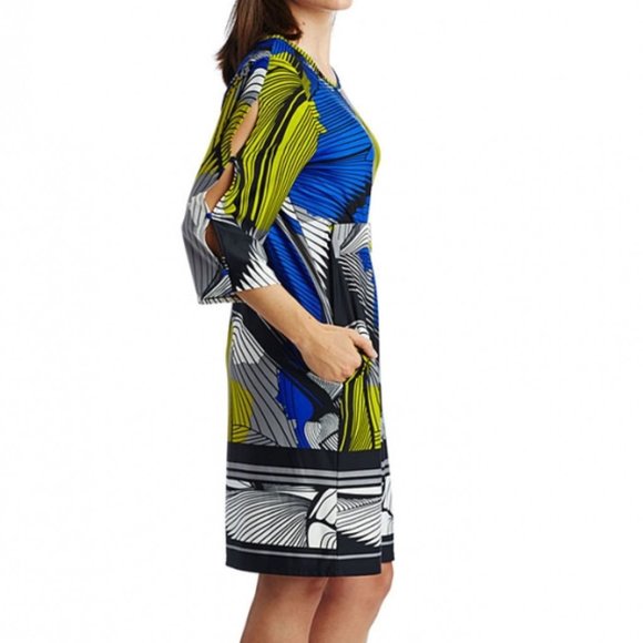 Marisa Kenson Geometric Cobal Lime White 3/4 Sleeves Mini Dress - size S NWT - Picture 3 of 6